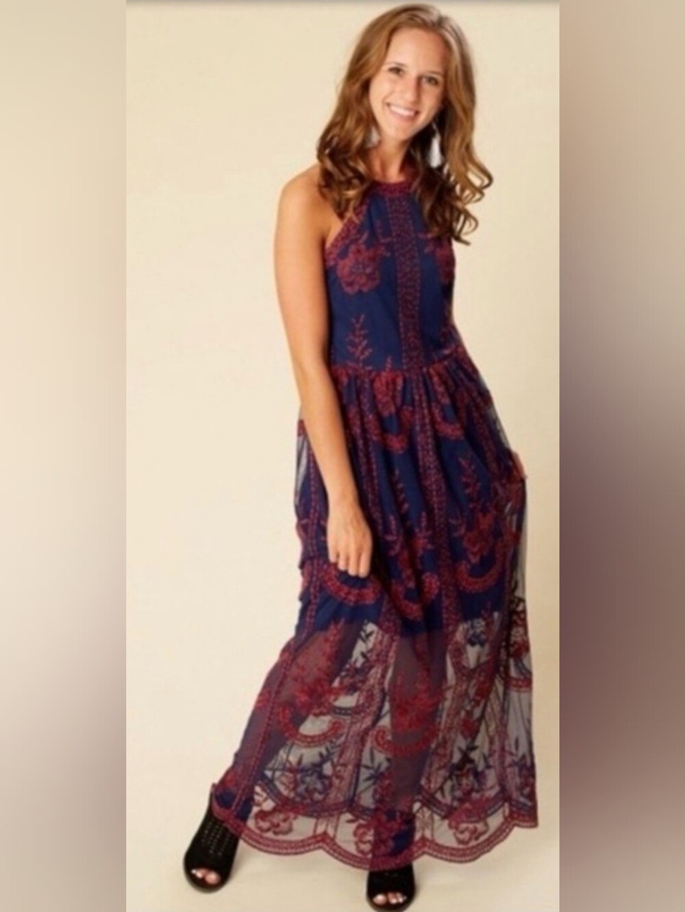 Altar'd State Halter Onawei Navy and Burgundy Floral Maxi Dress Whimsigoth Fairy